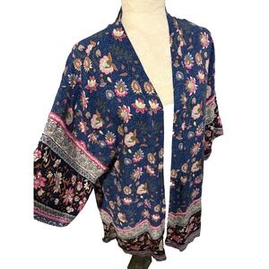 Blue Floral Duster Open Front Kimono Top~OSFM~‎ Flowy Border Print Boho Festival